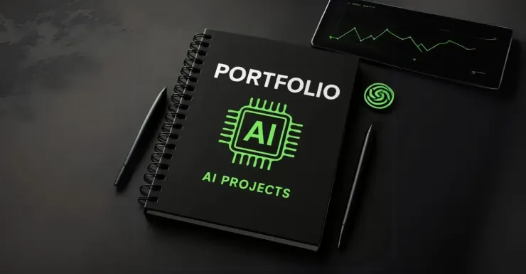 Symbolfoto für KI-Berater Wien: schwarzer Ringblock mit grün-weißer Aufschrift "Portfolio - AI Projects".